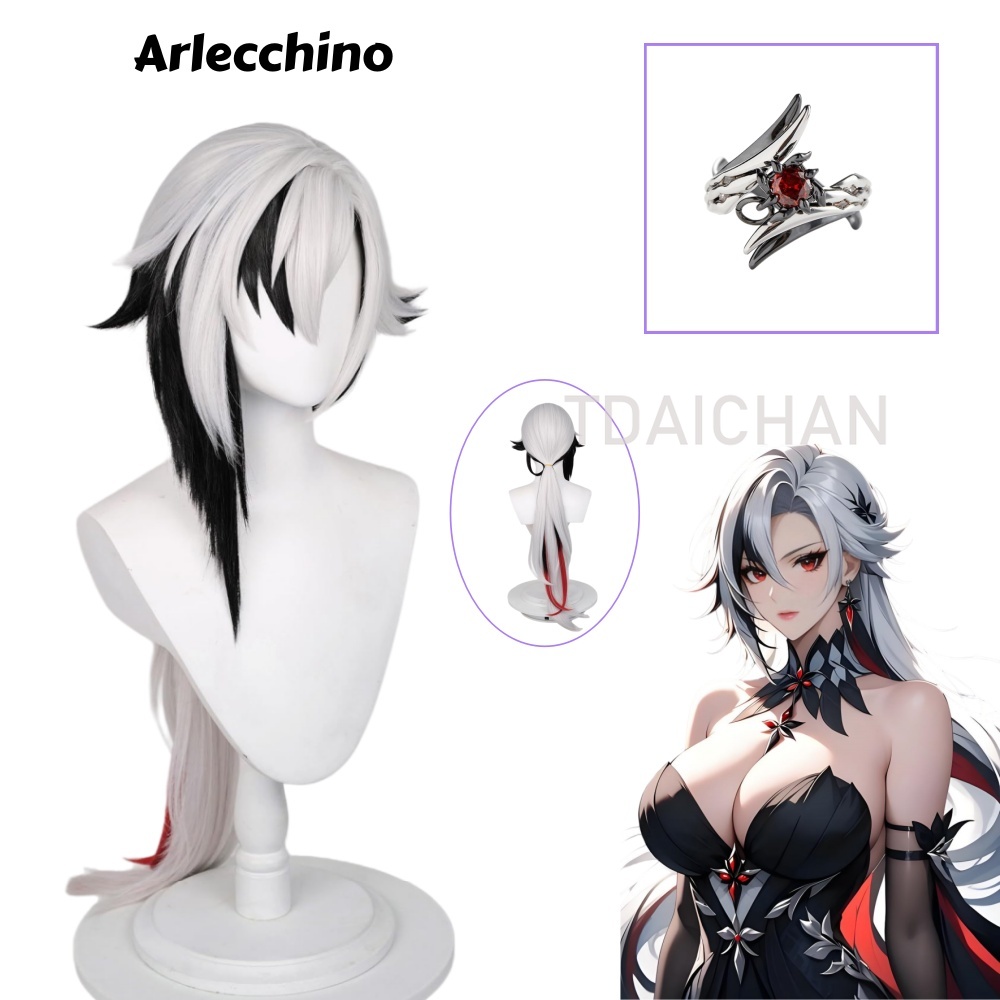 Anime Cosplay Wig Heat Resistant - Genshin Impact Arlecchino Cosplay-Perücke, lang, silberfarben,